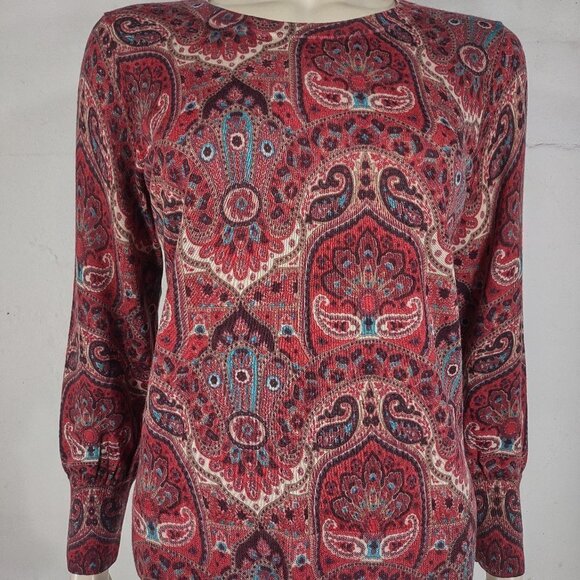 Talbots red brown blue paisley 100% Merino wool sweater womens Large Petite - Picture 1 of 7